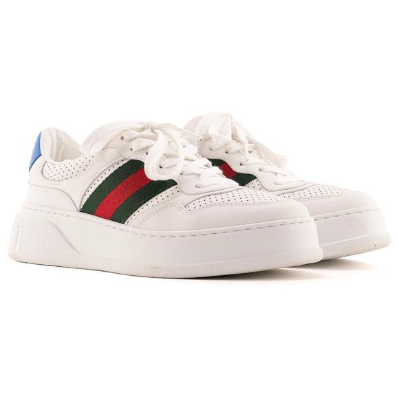 Gucci Shoes - Gucci White Sneakers with Green, Red, and Blue Accents